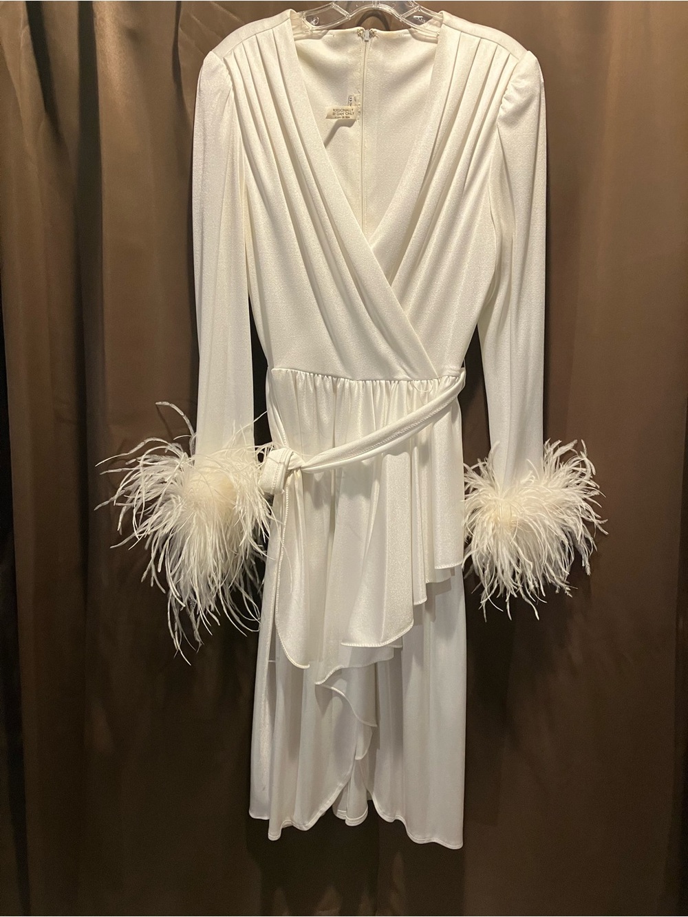 Ivory Long-Sleeve Wrap Dress with Feather Cuffs